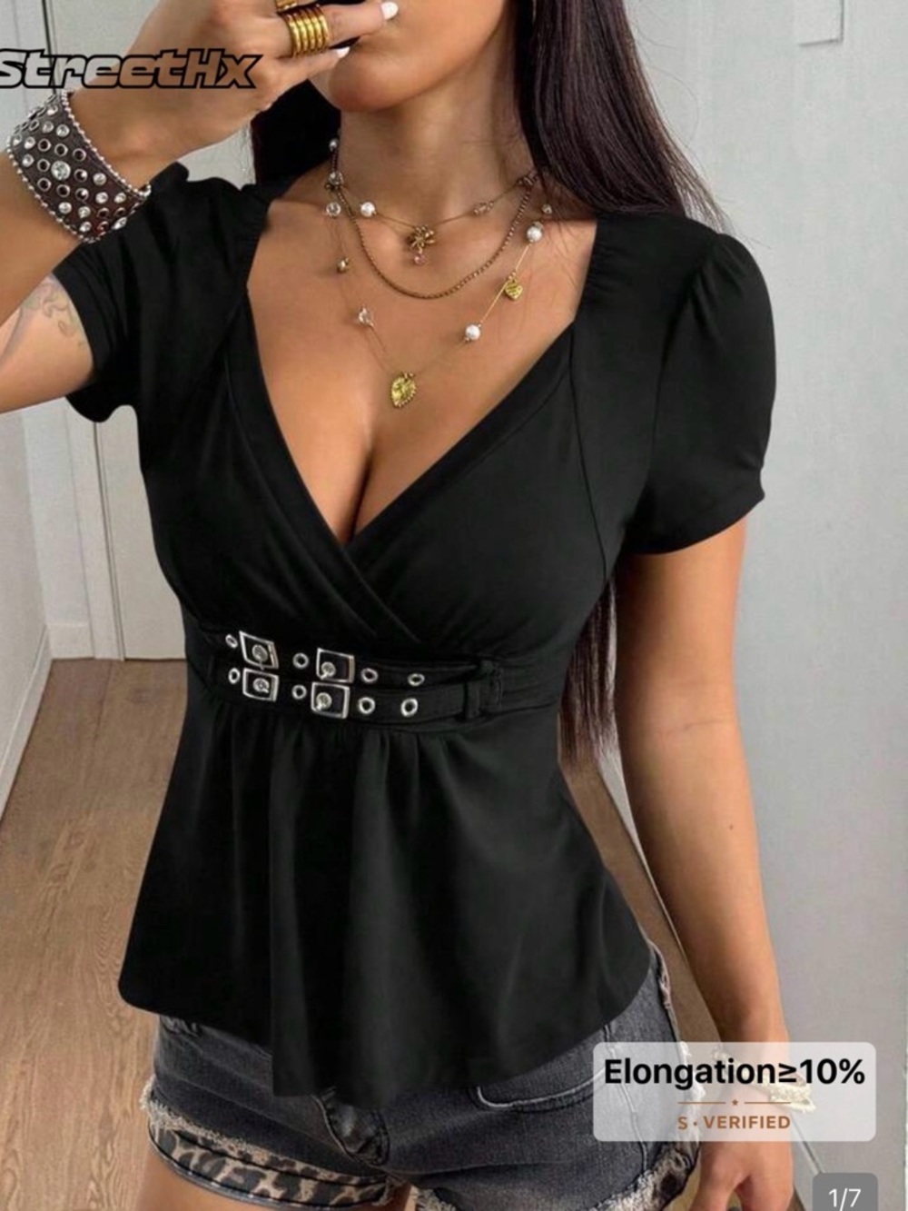 Black Short-Sleeve V-Neck Belted Peplum Blouse